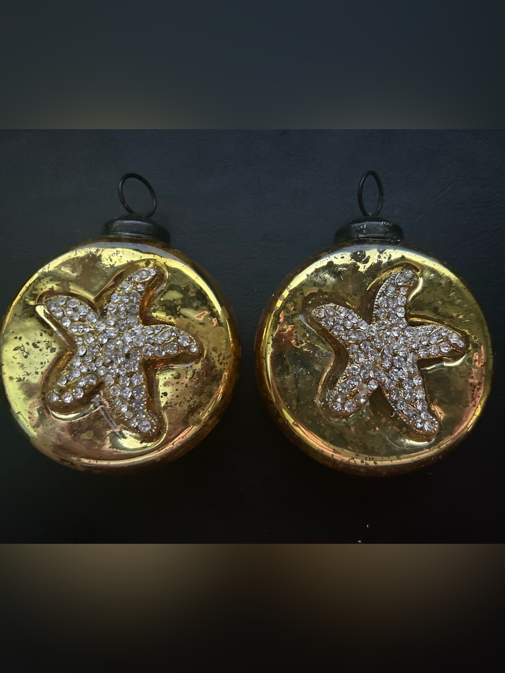 Vintage Gold Mercury Glass, crystal embedded Starfish Christmas ornaments